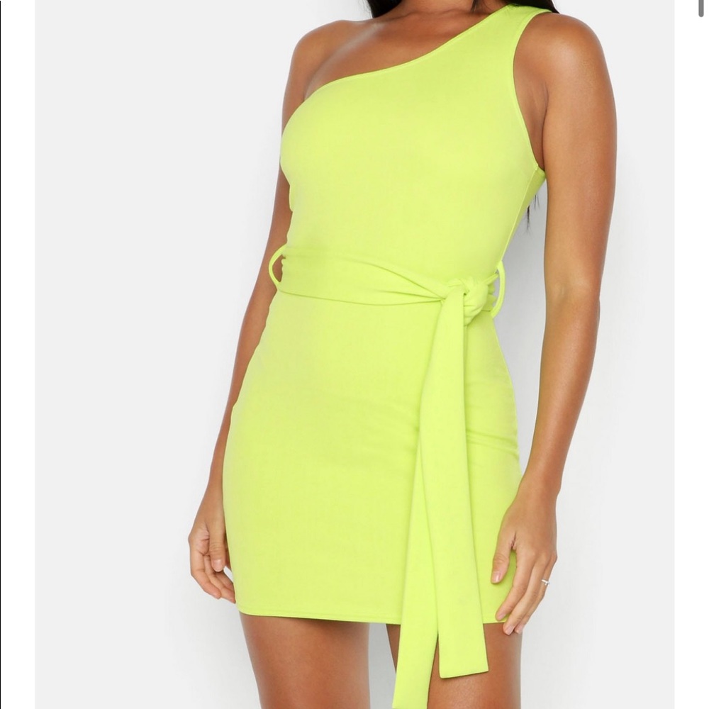 Neon One shoulder belted body on dress